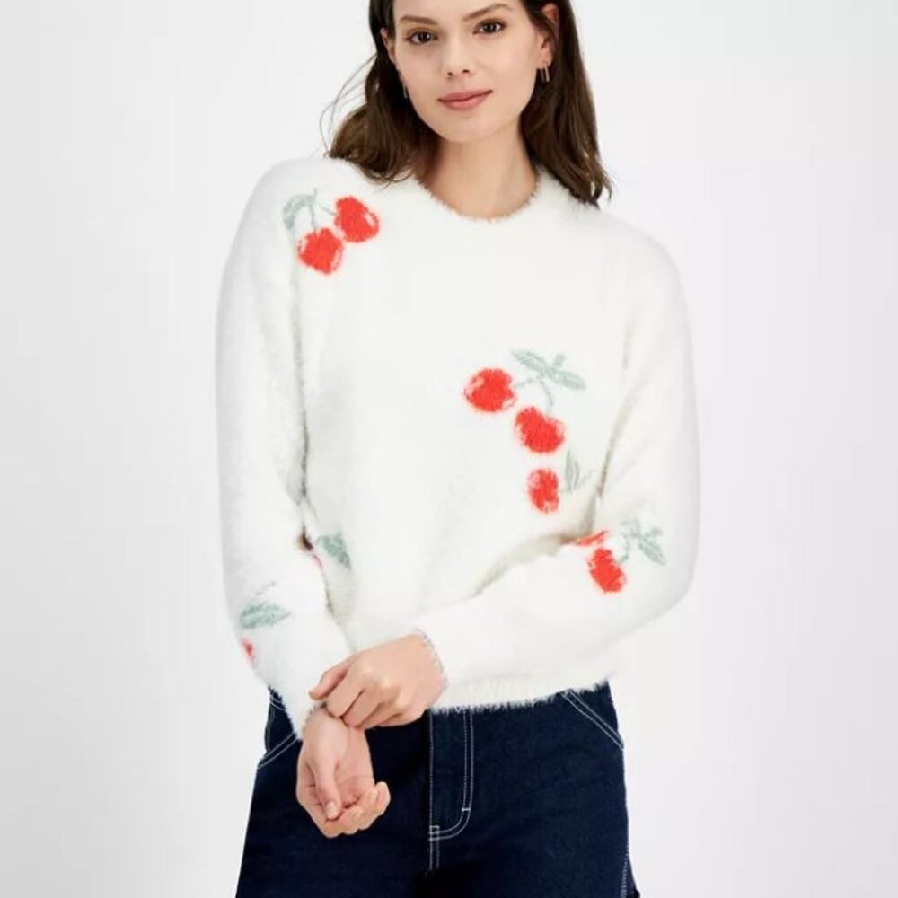 Hooked Up by IOT Juniors' Eyelash Sweater NWT Cherry Print White Red Green Fuzzy